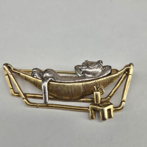 Vintage Danecraft Brooch Cat in Hammock Women's Pin Goldtone Silvertone